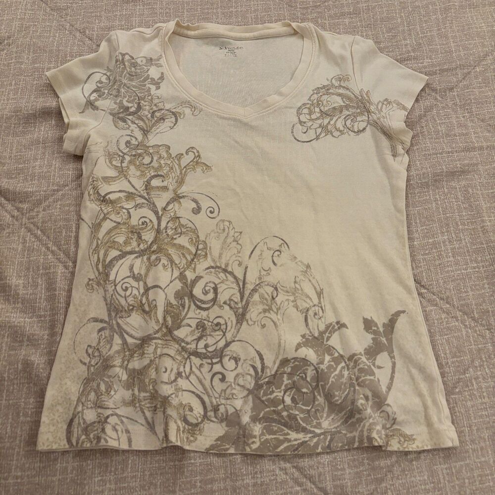 St. John's Bay Cream Taupe Floral Scroll V-Neck Short Sleeve Tee Petite Small